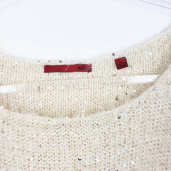 Red - Ivory Sparkle Eyelash Knit Sweater Crew neck Longer Length Size Large - Picture 2 of 13